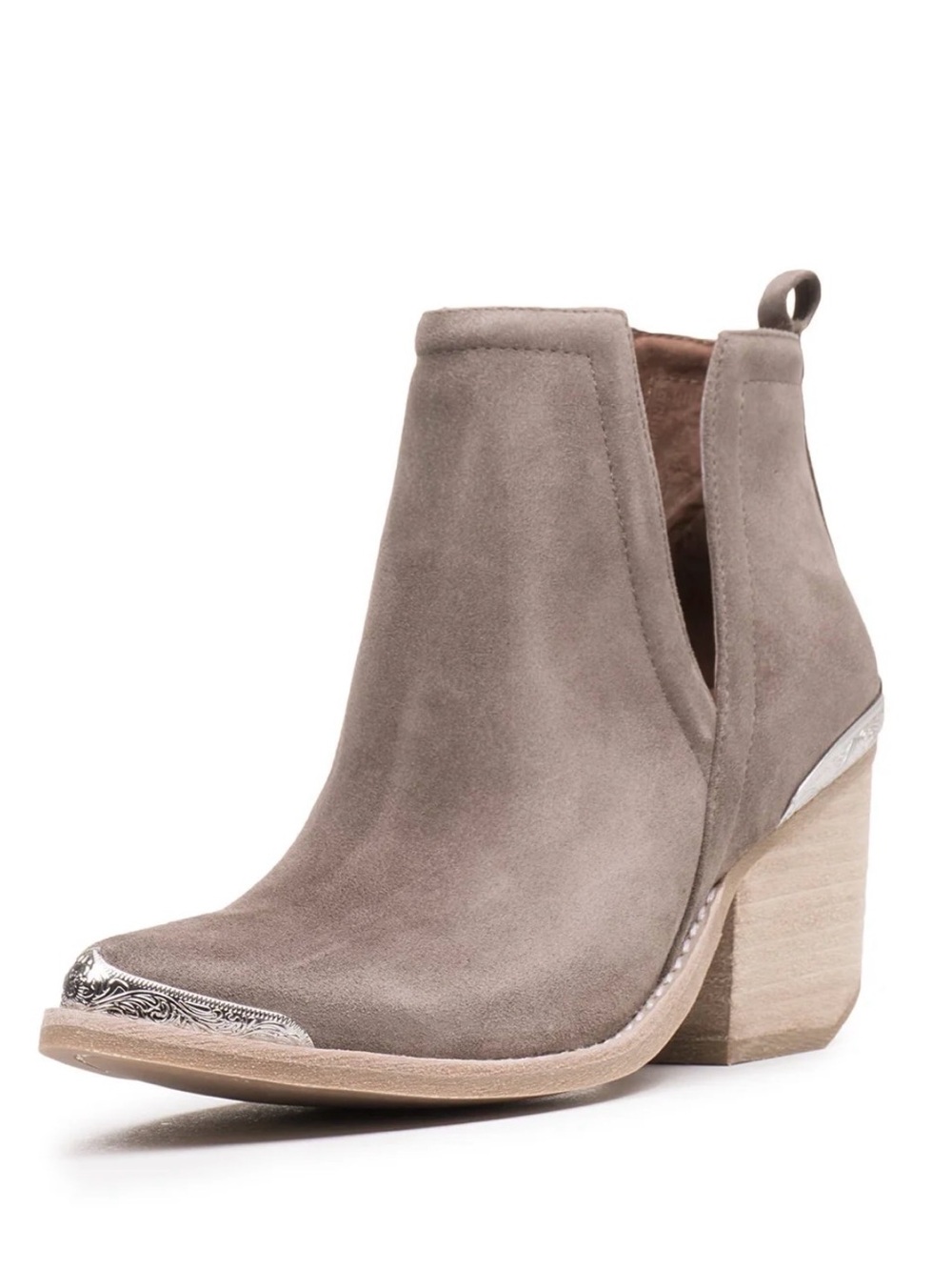 Jeffrey Campbell Taupe Suede Ankle Boot with Silver Toe & Heel Accents